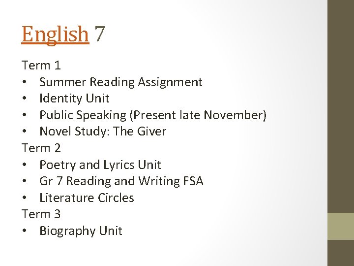 English 7 Term 1 • Summer Reading Assignment • Identity Unit • Public Speaking