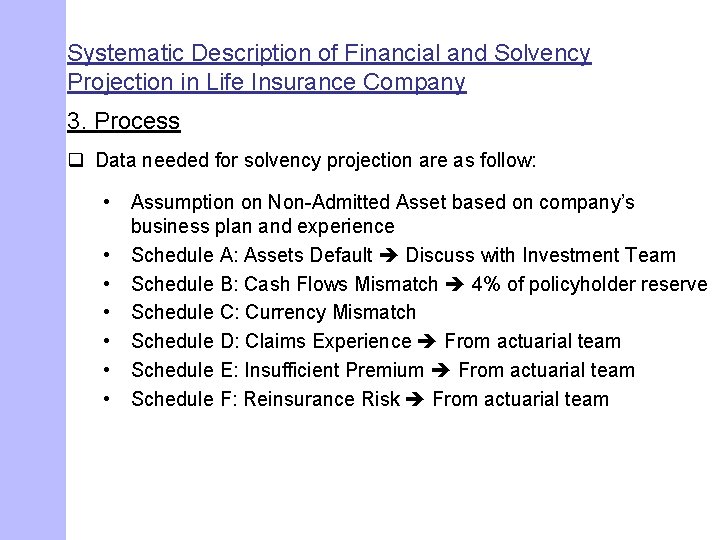 Systematic Description of Financial and Solvency Projection in Life Insurance Company 3. Process q