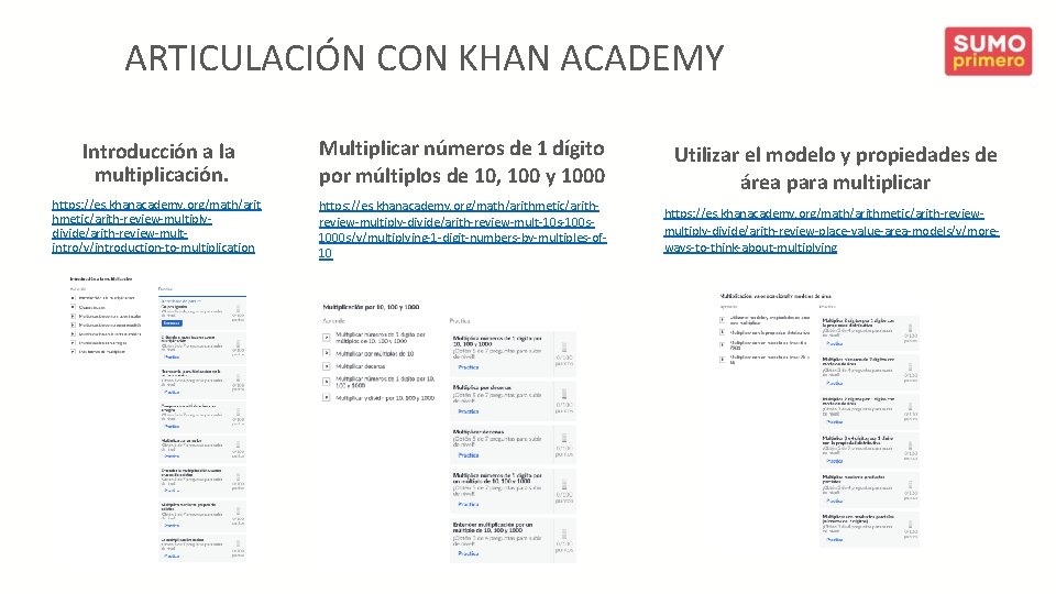 ARTICULACIÓN CON KHAN ACADEMY Introducción a la multiplicación. https: //es. khanacademy. org/math/arit hmetic/arith-review-multiplydivide/arith-review-multintro/v/introduction-to-multiplication Multiplicar