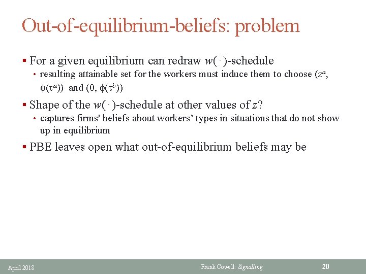 Out-of-equilibrium-beliefs: problem § For a given equilibrium can redraw w(⋅)-schedule • resulting attainable set