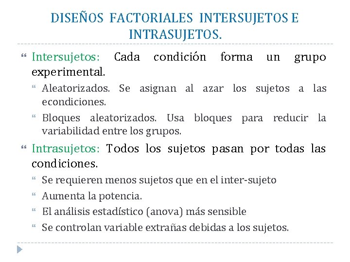 DISEÑOS FACTORIALES INTERSUJETOS E INTRASUJETOS. Intersujetos: Cada experimental. condición forma un grupo Aleatorizados. Se