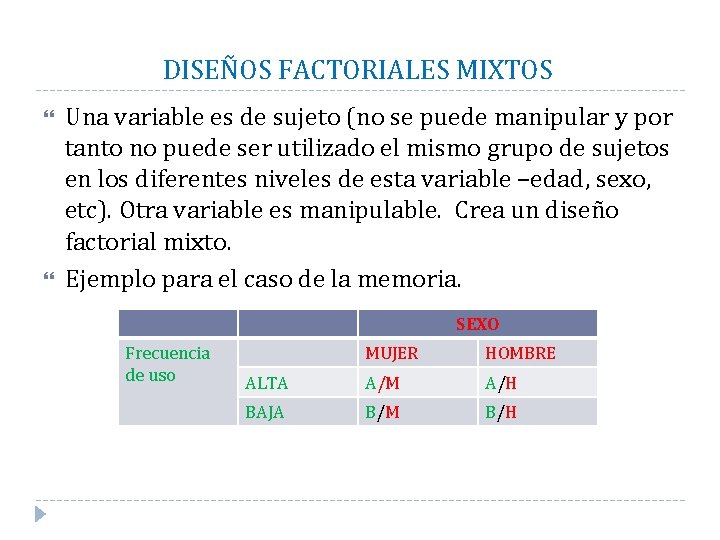 DISEÑOS FACTORIALES MIXTOS Una variable es de sujeto (no se puede manipular y por