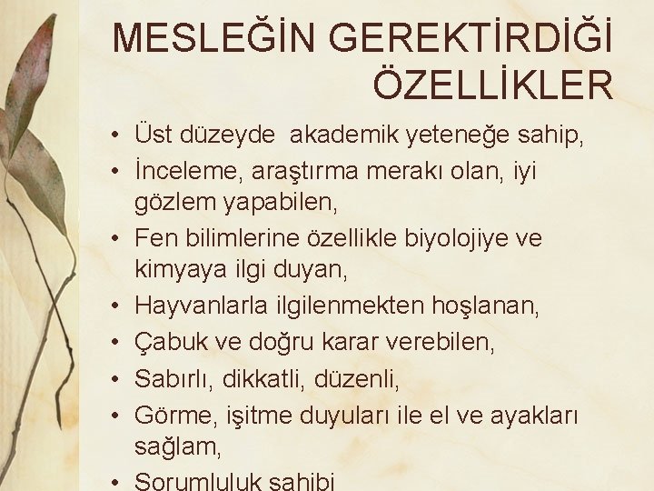 MESLEĞİN GEREKTİRDİĞİ ÖZELLİKLER • Üst düzeyde akademik yeteneğe sahip, • İnceleme, araştırma merakı olan,