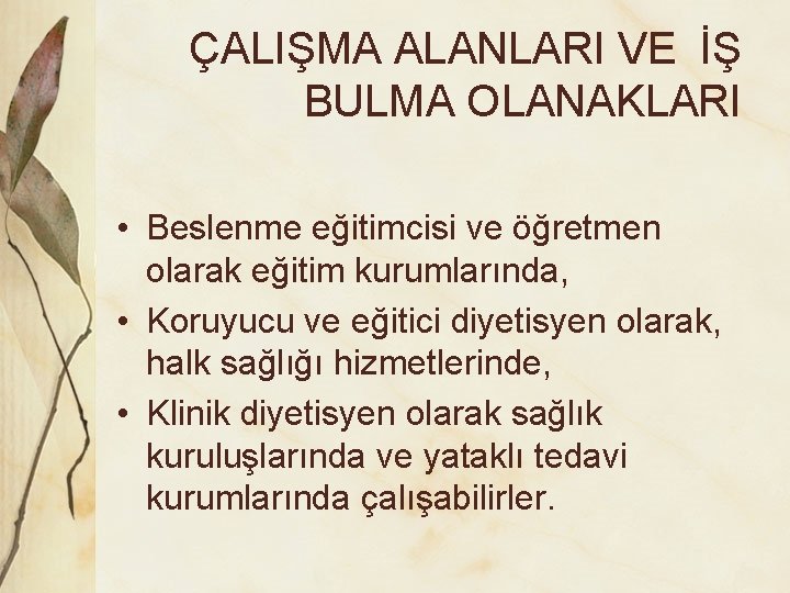 ÇALIŞMA ALANLARI VE İŞ BULMA OLANAKLARI • Beslenme eğitimcisi ve öğretmen olarak eğitim kurumlarında,