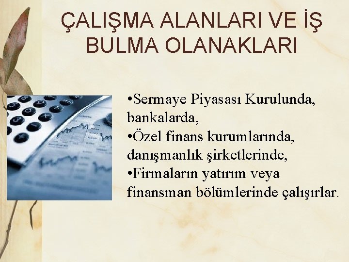 ÇALIŞMA ALANLARI VE İŞ BULMA OLANAKLARI • Sermaye Piyasası Kurulunda, bankalarda, • Özel finans