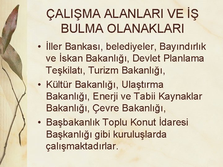 ÇALIŞMA ALANLARI VE İŞ BULMA OLANAKLARI • İller Bankası, belediyeler, Bayındırlık ve İskan Bakanlığı,