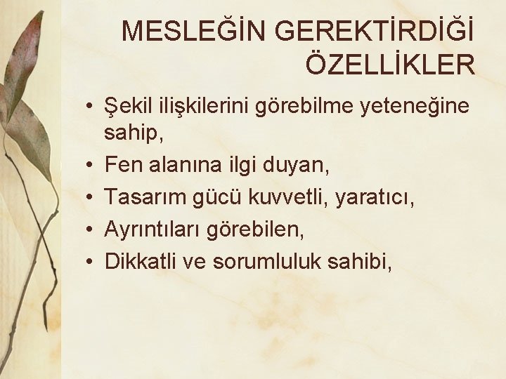 MESLEĞİN GEREKTİRDİĞİ ÖZELLİKLER • Şekil ilişkilerini görebilme yeteneğine sahip, • Fen alanına ilgi duyan,