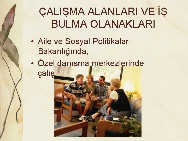 ÇALIŞMA ALANLARI VE İŞ BULMA OLANAKLARI • Aile ve Sosyal Politikalar Bakanlığında, • Özel