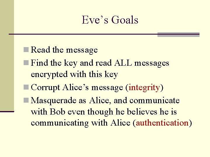 Eve’s Goals Read the message Find the key and read ALL messages encrypted with Eve’s Goals Read the message Find the key and read ALL messages encrypted with