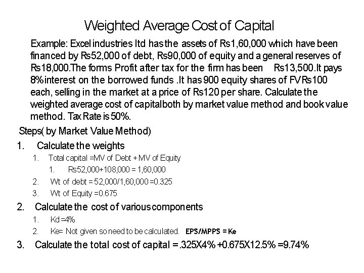 Weighted Average Cost of Capital Example: Excel industries ltd has the assets of Rs