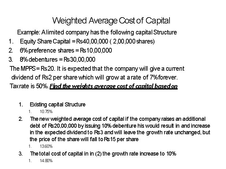 Weighted Average Cost of Capital Example: A limited company has the following capital Structure