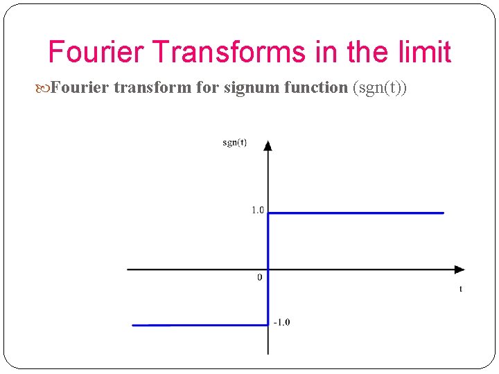 Fourier Transforms in the limit Fourier transform for signum function (sgn(t)) 28 