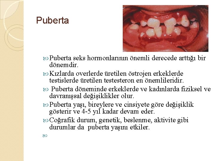 Puberta seks hormonlarının önemli derecede arttığı bir dönemdir. Kızlarda overlerde üretilen östrojen erkeklerde testislerde