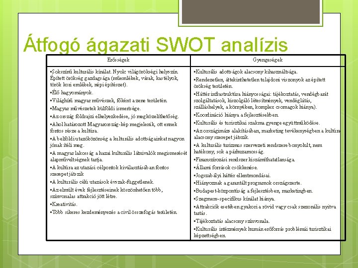 Átfogó ágazati SWOT analízis Erősségek Gyengeségek • Sokszínű kulturális kínálat. Nyolc világörökségi helyszín. Épített