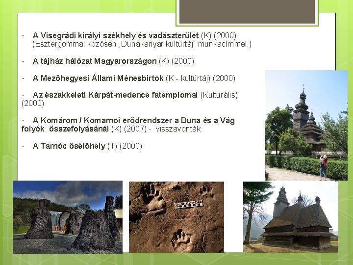 · A Visegrádi királyi székhely és vadászterület (K) (2000) (Esztergommal közösen „Dunakanyar kultúrtáj” munkacímmel.