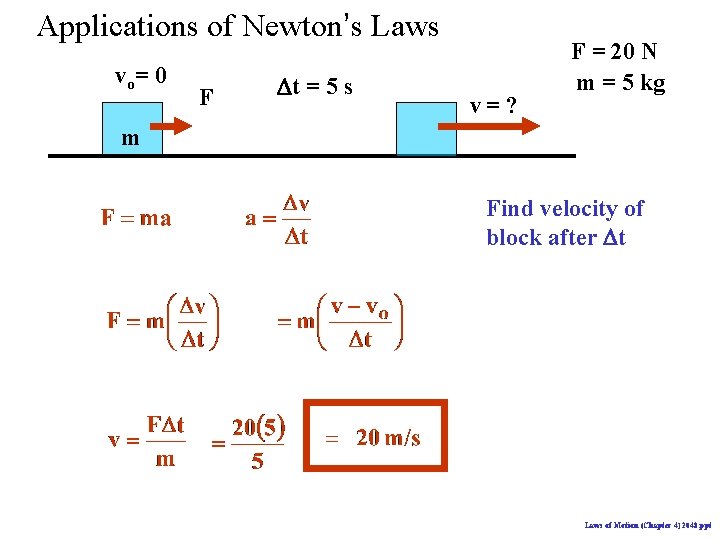 Applications of Newton’s Laws vo= 0 F Dt = 5 s v= ? F