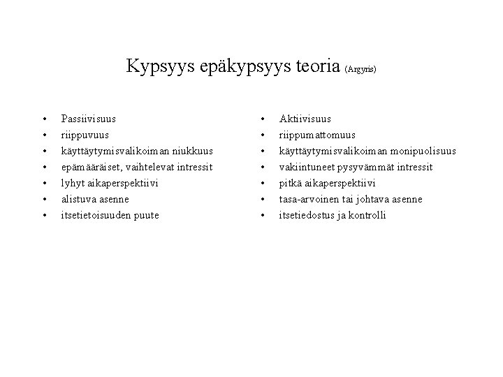 Kypsyys epäkypsyys teoria (Argyris) • • Passiivisuus riippuvuus käyttäytymisvalikoiman niukkuus epämääräiset, vaihtelevat intressit lyhyt Kypsyys epäkypsyys teoria (Argyris) • • Passiivisuus riippuvuus käyttäytymisvalikoiman niukkuus epämääräiset, vaihtelevat intressit lyhyt