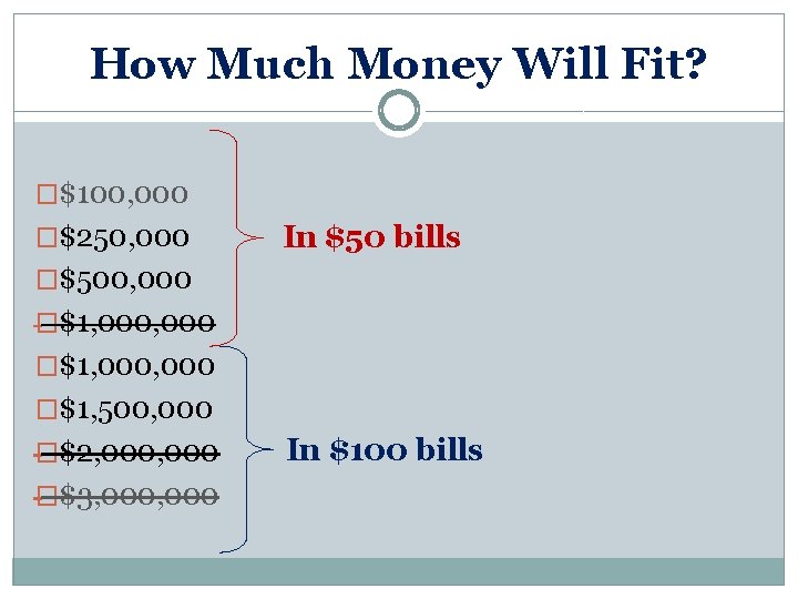 How Much Money Will Fit? �$100, 000 �$250, 000 In $50 bills �$500, 000