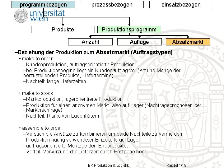 programmbezogen prozessbezogen Produkte einsatzbezogen Produktionsprogramm Anzahl Auflage Absatzmarkt –Beziehung der Produktion zum Absatzmarkt (Auftragstypen)