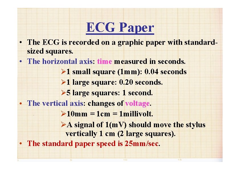 ECG Paper • The ECG is recorded on a graphic paper with standardsized squares.