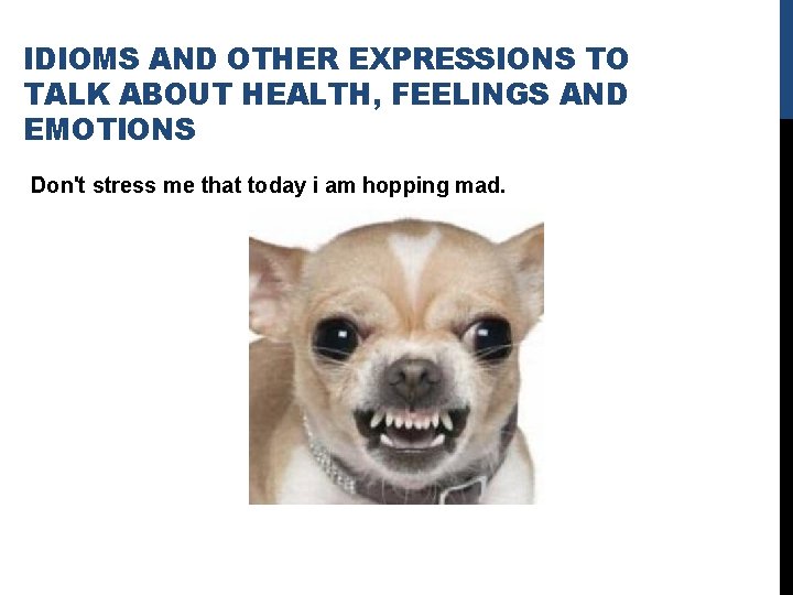 IDIOMS AND OTHER EXPRESSIONS TO TALK ABOUT HEALTH, FEELINGS AND EMOTIONS Don't stress me