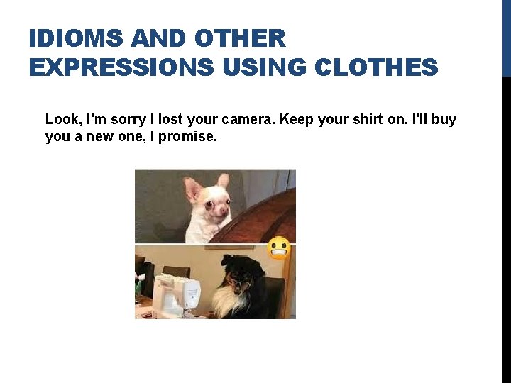 IDIOMS AND OTHER EXPRESSIONS USING CLOTHES Look, I'm sorry I lost your camera. Keep