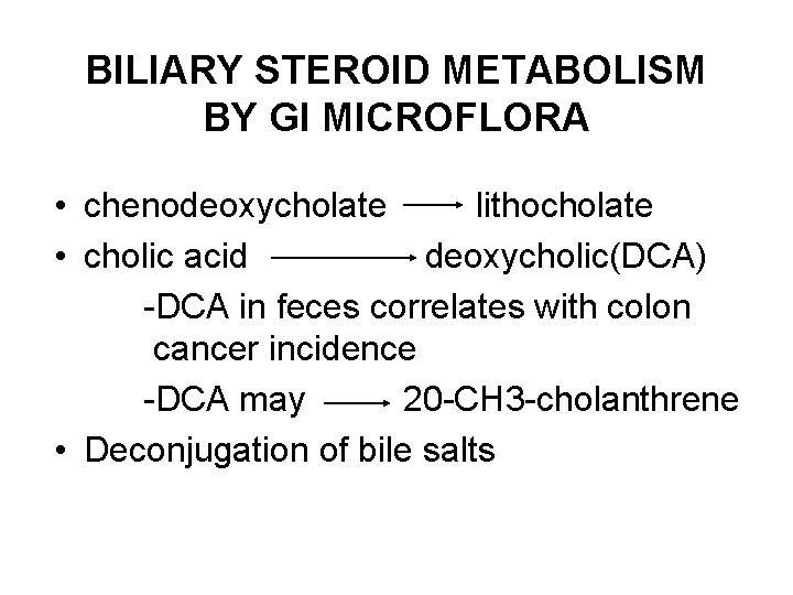 BILIARY STEROID METABOLISM BY GI MICROFLORA • chenodeoxycholate lithocholate • cholic acid deoxycholic(DCA) -DCA
