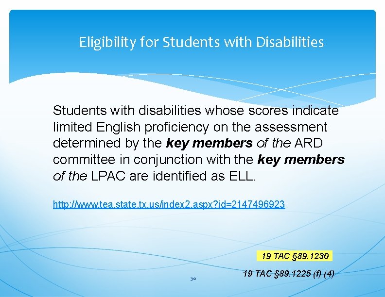 Eligibility for Students with Disabilities Students with disabilities whose scores indicate limited English proficiency