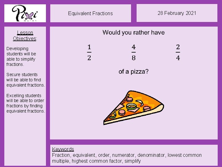 Equivalent Fractions Lesson Objectives: 28 February 2021 Developing students will be able to simplify