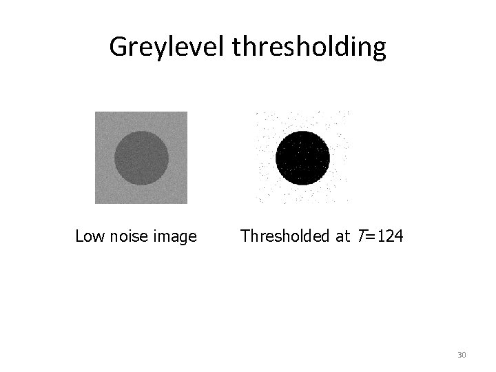 Greylevel thresholding Low noise image Thresholded at T=124 30 