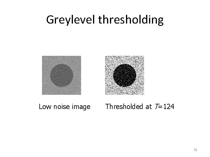 Greylevel thresholding Low noise image Thresholded at T=124 31 