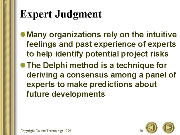 Expert Judgment l Many organizations rely on the intuitive feelings and past experience of