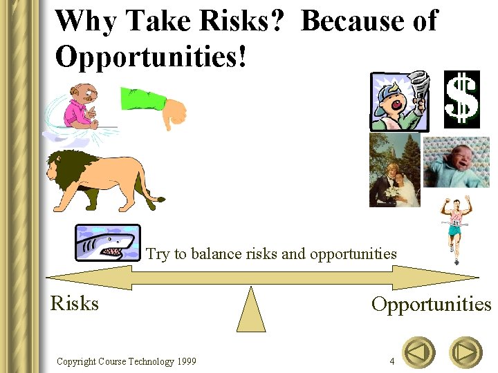 Why Take Risks? Because of Opportunities! Try to balance risks and opportunities Risks Copyright