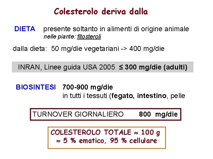 Colesterolo deriva dalla DIETA presente soltanto in alimenti di origine animale nelle piante: fitosteroli