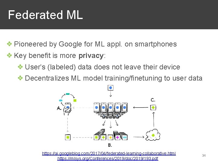 Federated ML ❖ Pioneered by Google for ML appl. on smartphones ❖ Key benefit