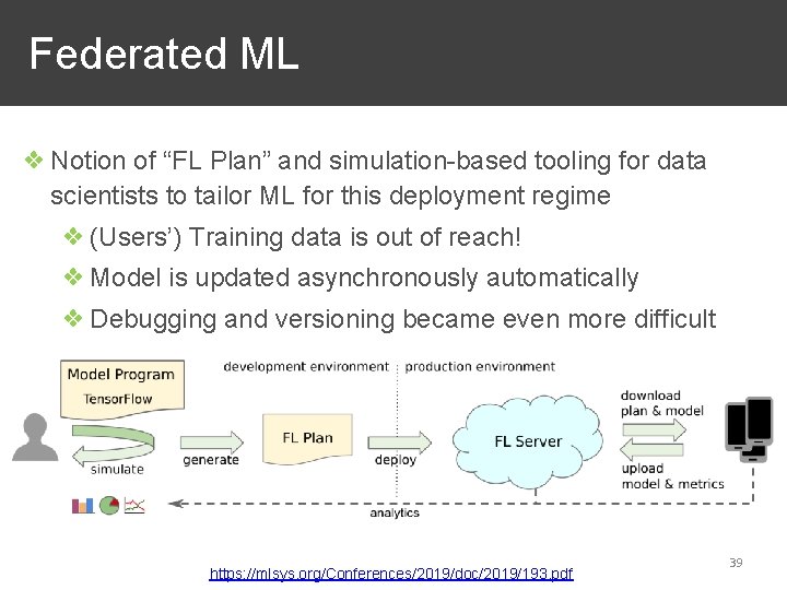 Federated ML ❖ Notion of “FL Plan” and simulation-based tooling for data scientists to