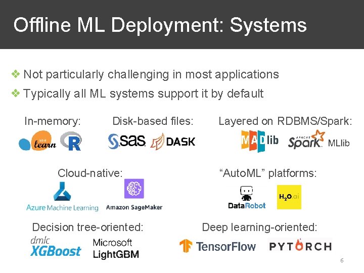 Offline ML Deployment: Systems ❖ Not particularly challenging in most applications ❖ Typically all