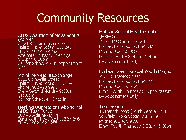 Community Resources AIDS Coalition of Nova Scotia (ACNS) 326 -1657 Barrington Street Halifax, Nova