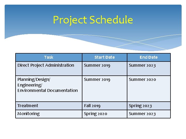 Project Schedule Task Start Date End Date Direct Project Administration Summer 2019 Summer 2023