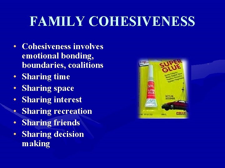 FAMILY COHESIVENESS • Cohesiveness involves emotional bonding, boundaries, coalitions • Sharing time • Sharing
