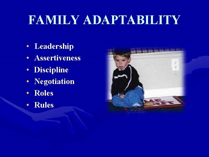 FAMILY ADAPTABILITY • • • Leadership Assertiveness Discipline Negotiation Roles Rules 