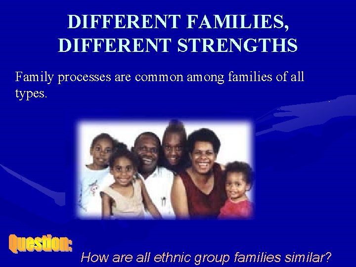 DIFFERENT FAMILIES, DIFFERENT STRENGTHS Family processes are common among families of all types. How