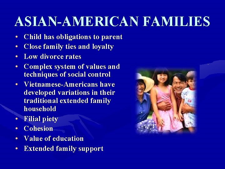 ASIAN-AMERICAN FAMILIES • • • Child has obligations to parent Close family ties and