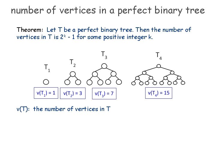 number of vertices in a perfect binary tree Theorem: Let T be a perfect