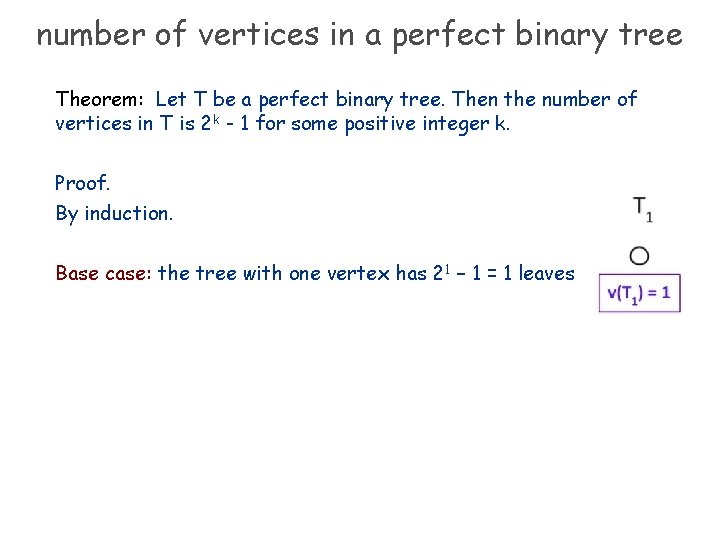 number of vertices in a perfect binary tree Theorem: Let T be a perfect