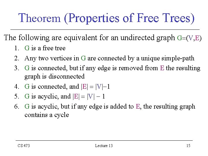 Theorem (Properties of Free Trees) The following are equivalent for an undirected graph G