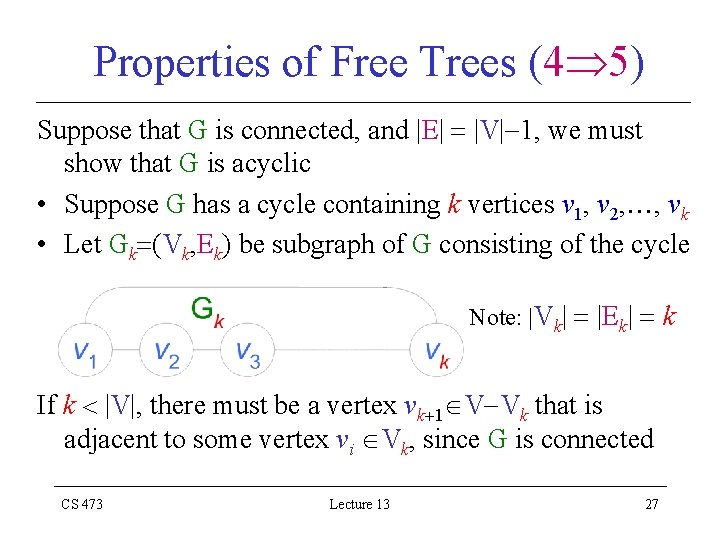 Properties of Free Trees (4 5) Suppose that G is connected, and |E| |V|