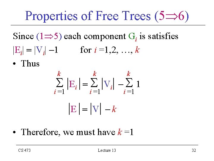 Properties of Free Trees (5 6) Since (1 5) each component Gi is satisfies