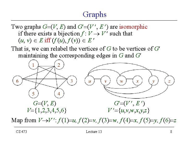 Graphs Two graphs G (V, E) and G (V , E ) are isomorphic