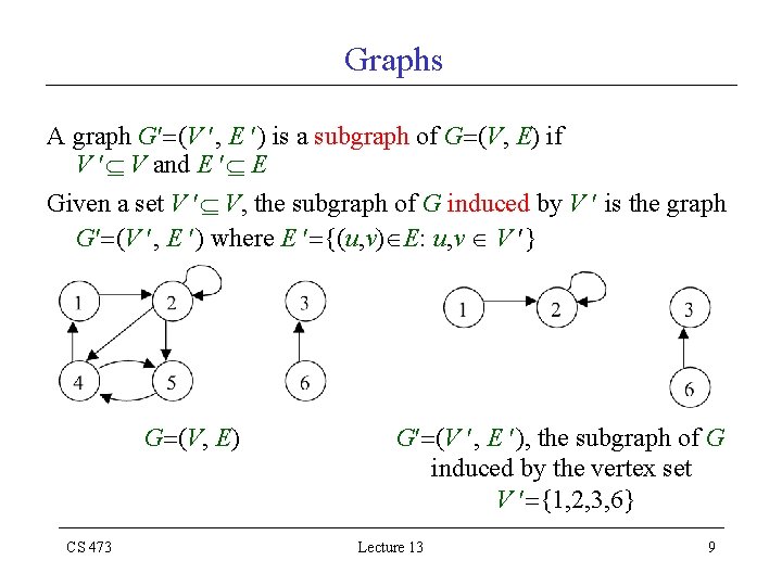 Graphs A graph G (V , E ) is a subgraph of G (V,